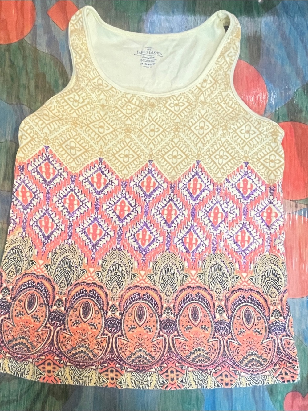 Faded Glory Racerback Tank Top Aztec Design Yellow Red Size 3X Cotton